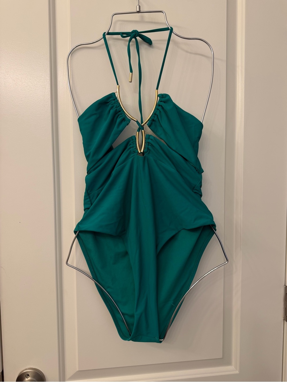 River Island Emerald One-Piece Halter Swimsuit with Gold Accents